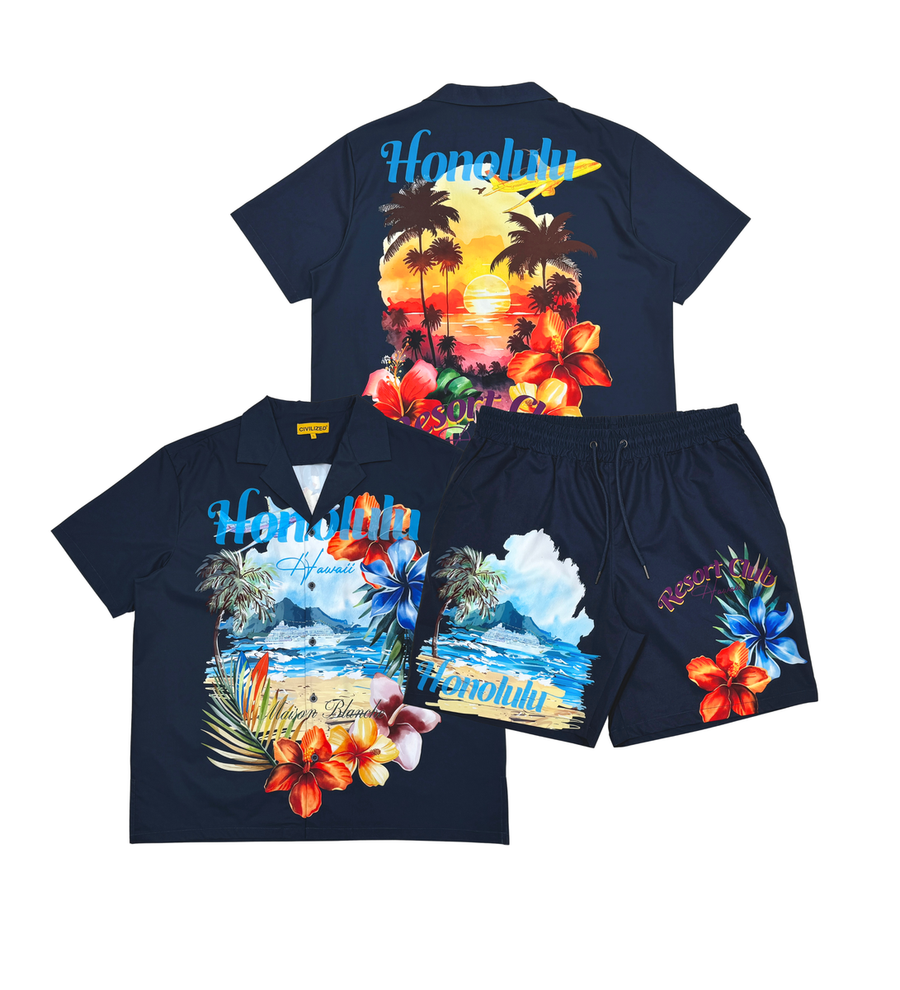 Civilized Men's Honolulu Resort Print Button Down Short Set Navy