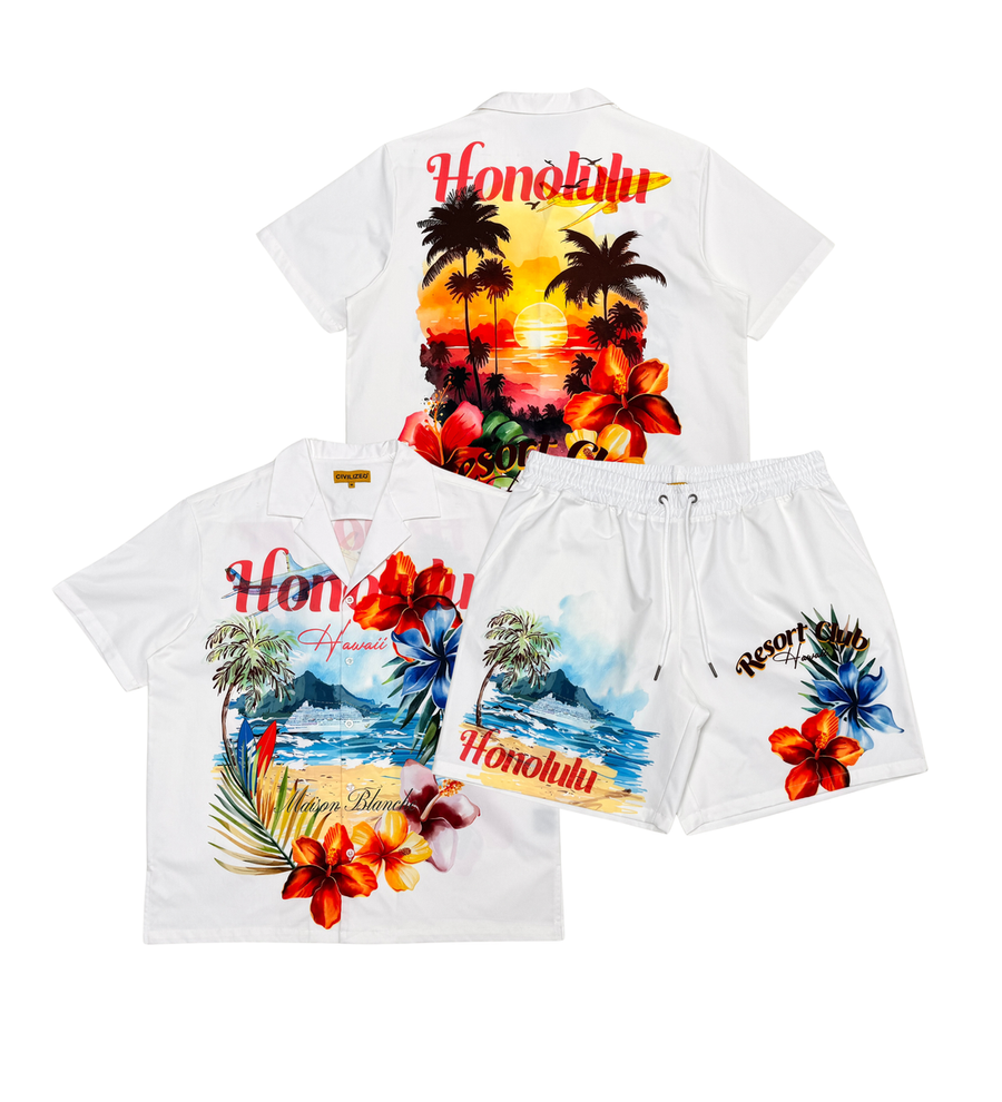 Civilized Men's Honolulu Floral Button Down Short Set White