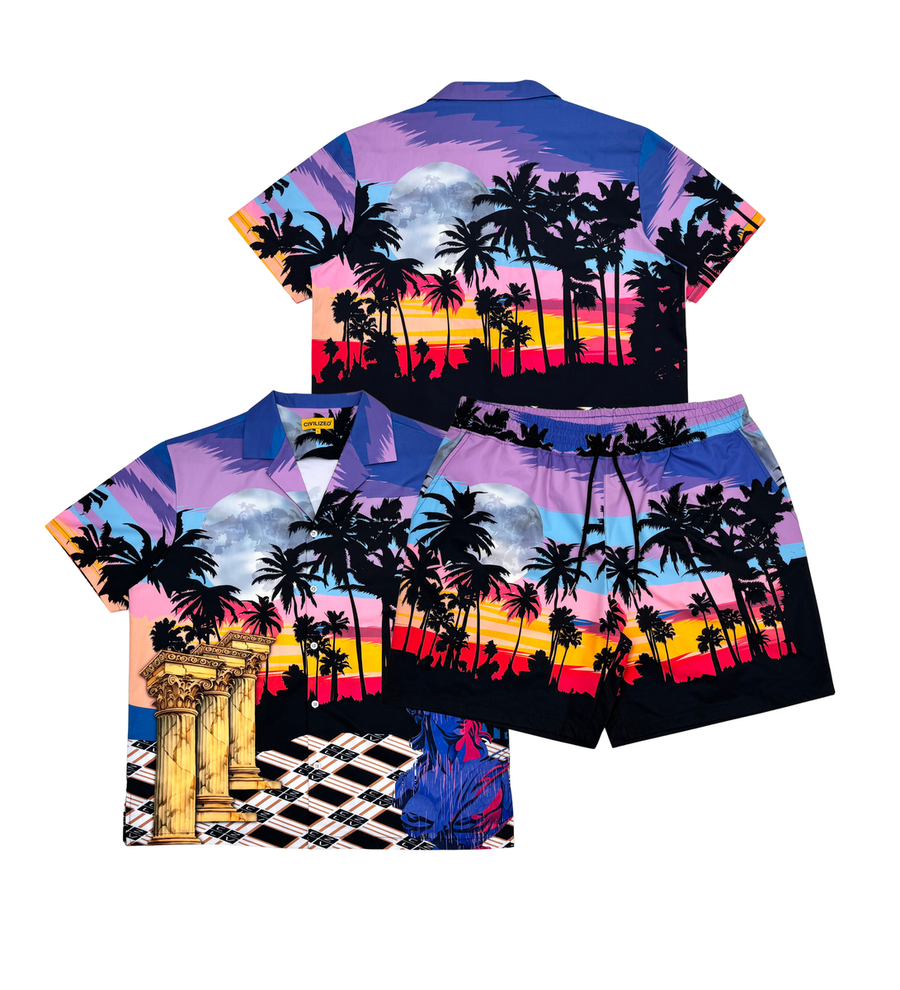 Civilized Men's Haze Sunset Button Down Short Set (Purple)