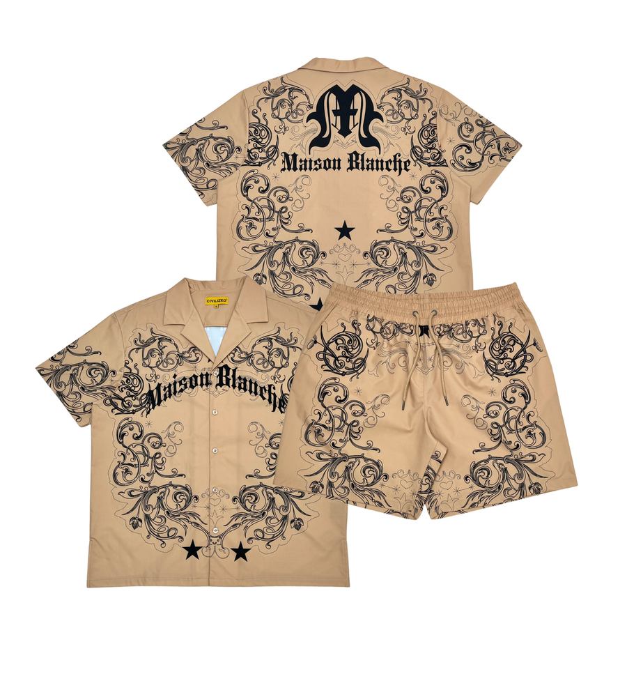 Civilized Men's Maison Blanche Scroll Print Button Down Short Set (Tan)