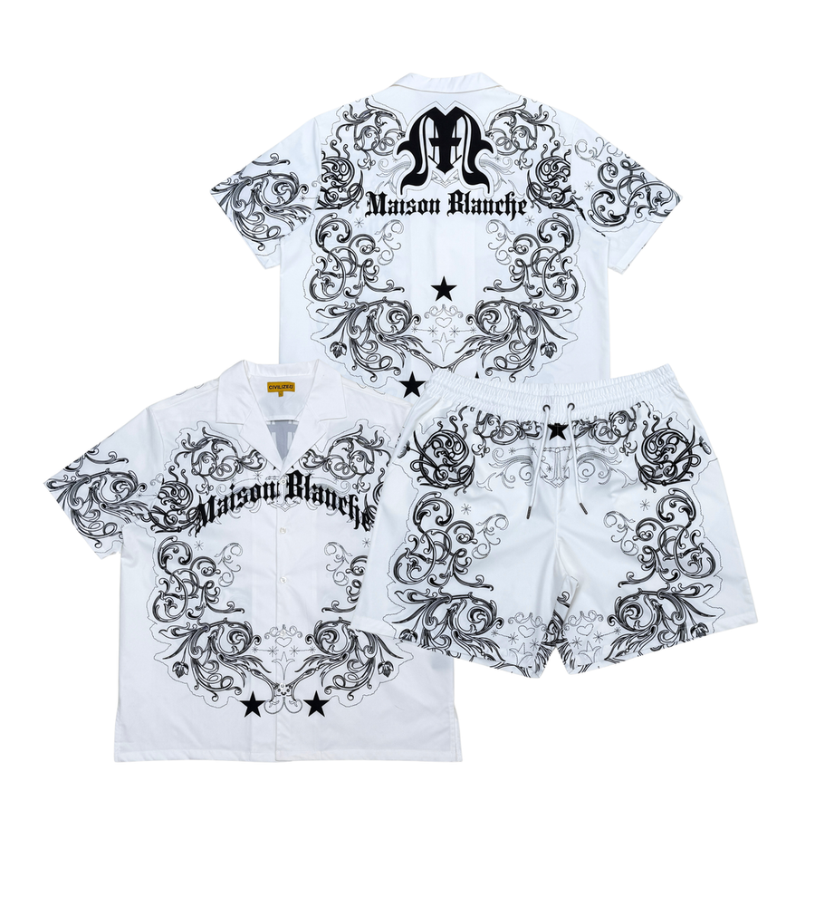 Civilized Men's Maison Blanche Scroll Print Button Down Short Set (White)