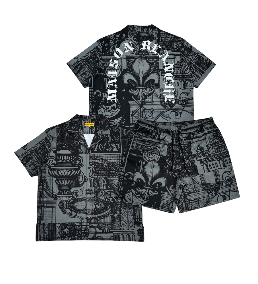 Civilized Tribal Print Button Down Short Set (Black)