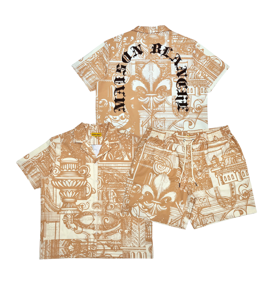 Civilized Tribal Print Button Down Short Set (Tan)