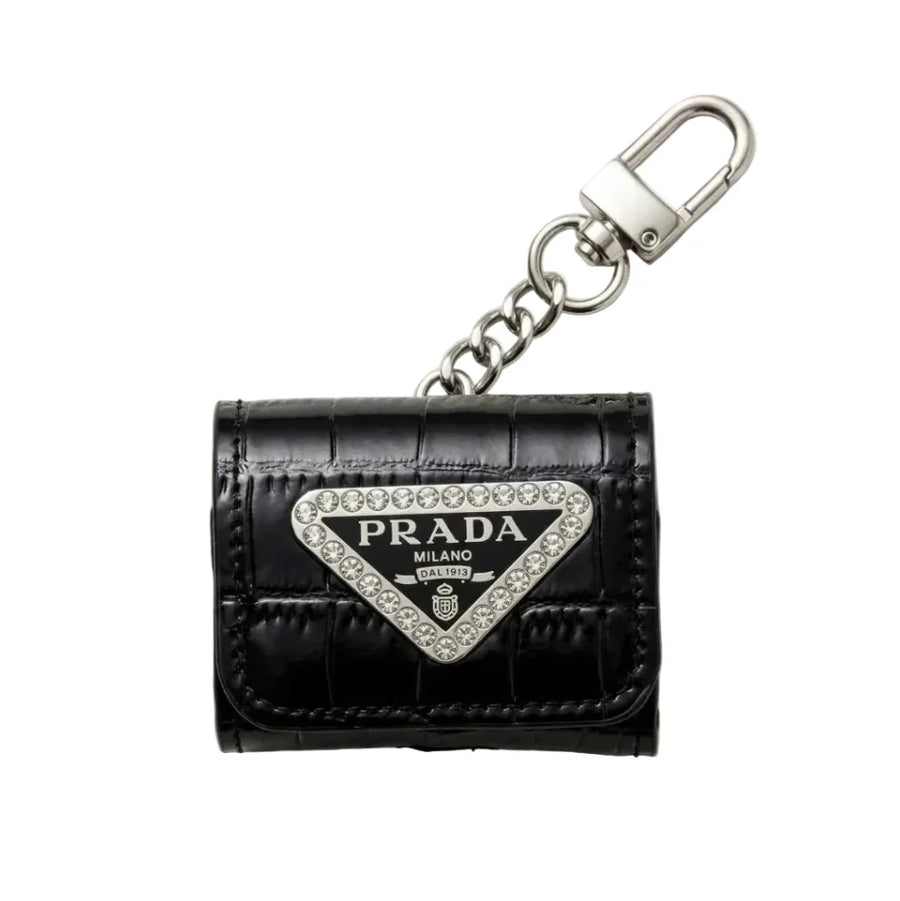 Luxury Prada Leather AirPods Case Black with Emblem & Keychain