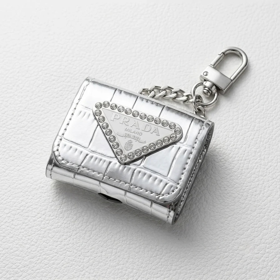 Luxury Prada Leather AirPods Case Silver with Emblem & Keychain