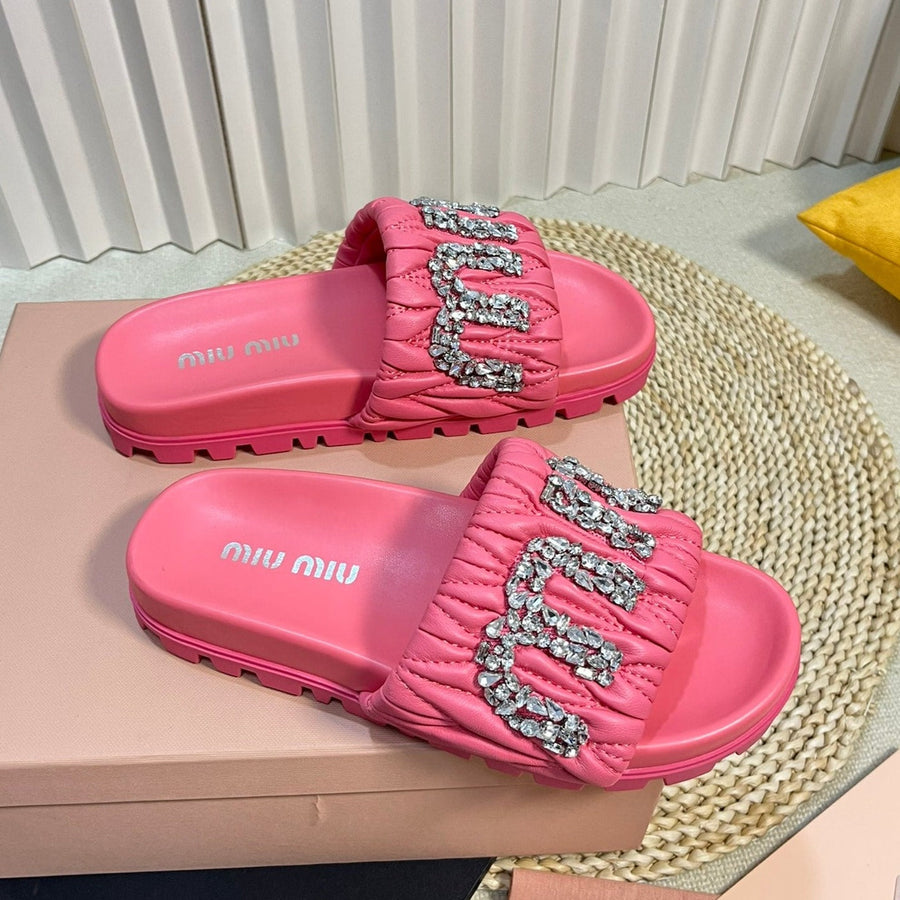 Neon Pink Sheepskin Diamond Slippers
