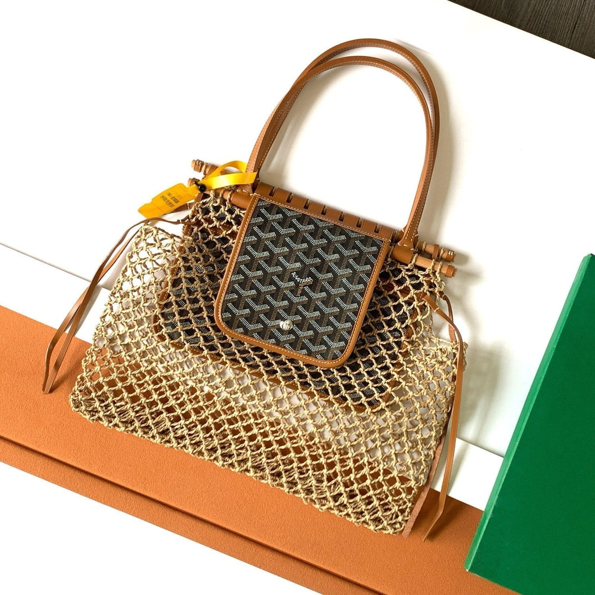 ALIGRE BAG 34 IN BROWN WOVEN RAFFIA AND CALFSKIN