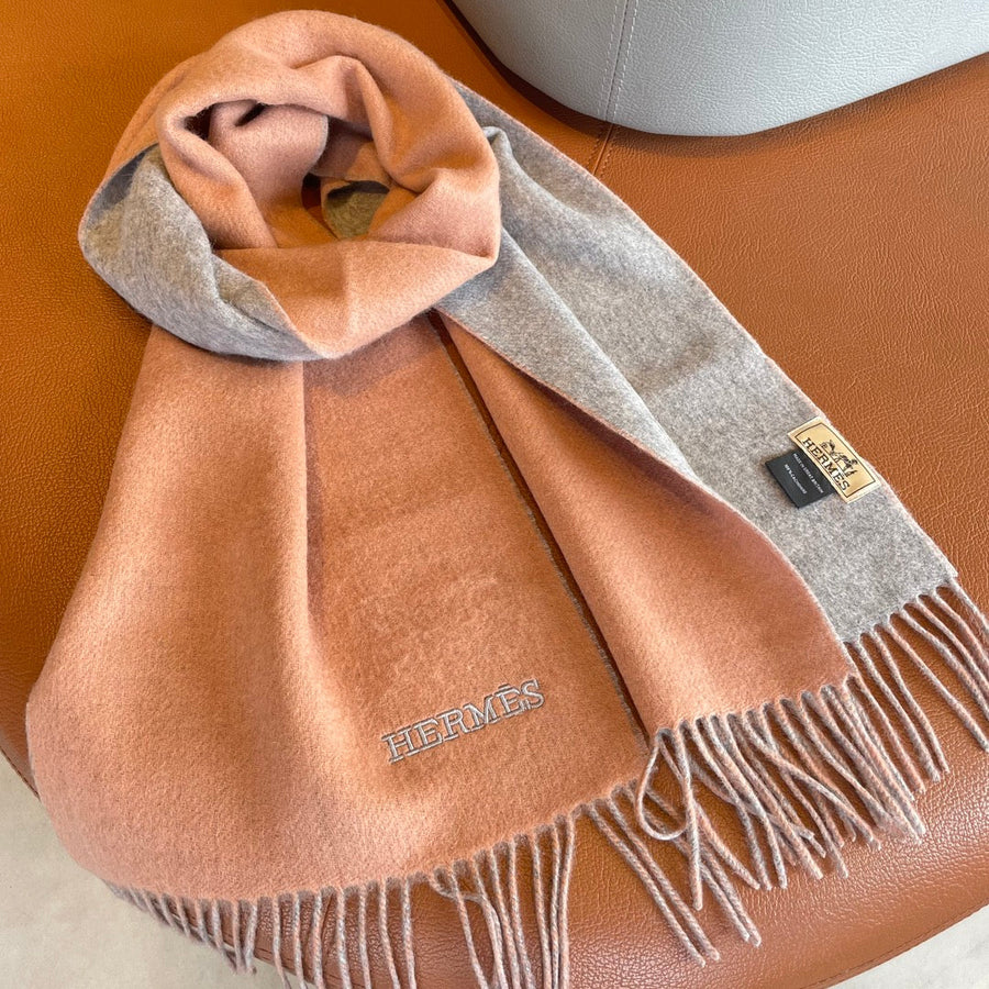 DOUBLE-FACE STOLE SCARF 180 CM IN PALE ORANGE MIX DOLPHIN GRAY CASHMERE 394460