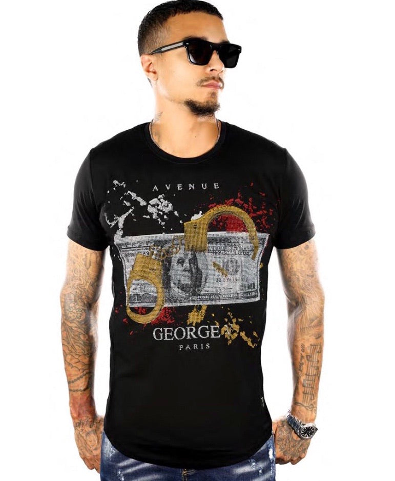 Avenue George Men's Crewneck T-Shirt Black/Gold/Red Graphic